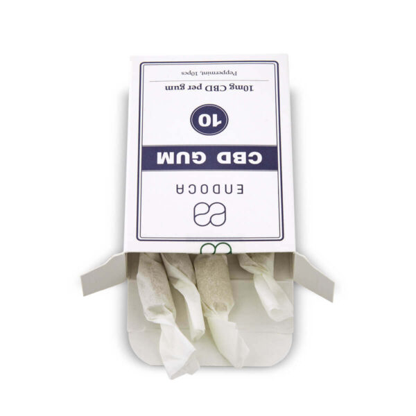 CBD Chewing Gum Endoca 150mg | 15mg per Gum - 10pcs front packaging close up.