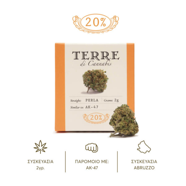 Packaging of Hemp Cannabis Flowers Terre Di Cannabis Perla with 20% CBD product shot with a cannabis bud