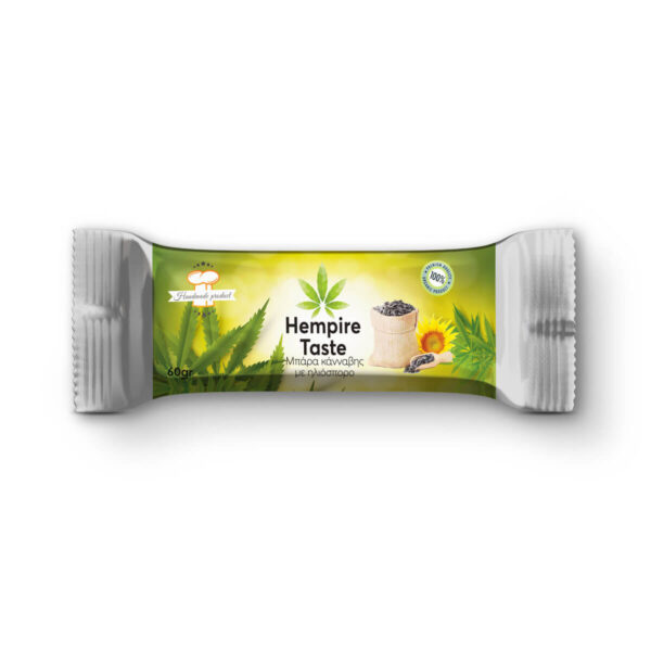 Hemp cereal bar packaging with hemp seeds and sunflower seeds from Hempire taste.