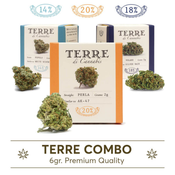Cannabis Flowers Collection Terre Di Cannabis Perla, Volare, Popolo at the lowest price in Greece, Cyprus, Europe.
