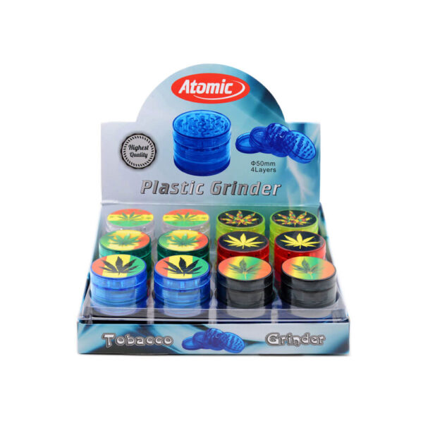 Atomic Grinder Canna 50mm consisting of 4 parts with magnetιc closure. Comes in a variety of colors with Cannabis themed designs. Display set of 24 pieces