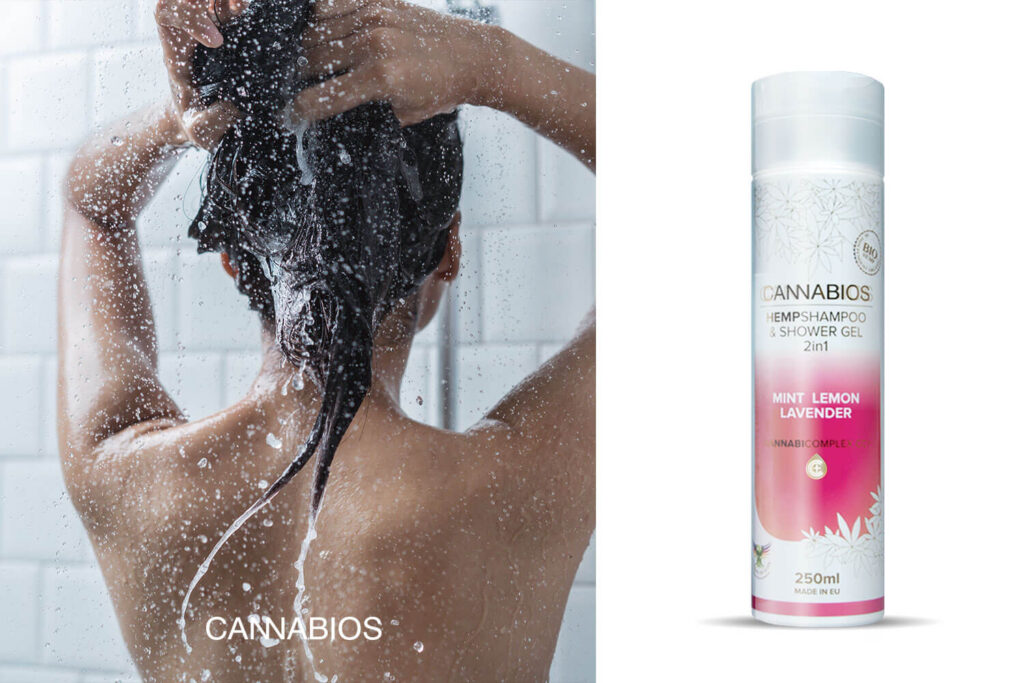 A woman bathes with Shampoo & Shower Gel 2 in 1 with Cannabidiol CBD of 100ml.