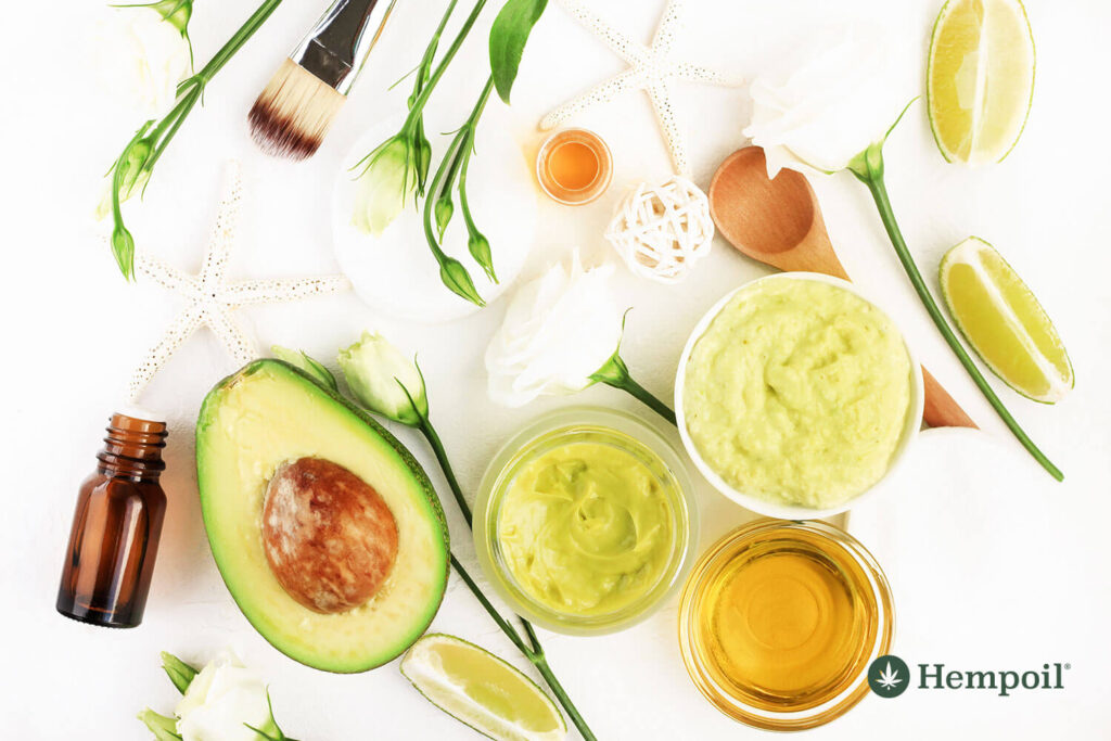 Home made hair mask recipe with CBD Oil, Virgin Olive Oil and avocado.