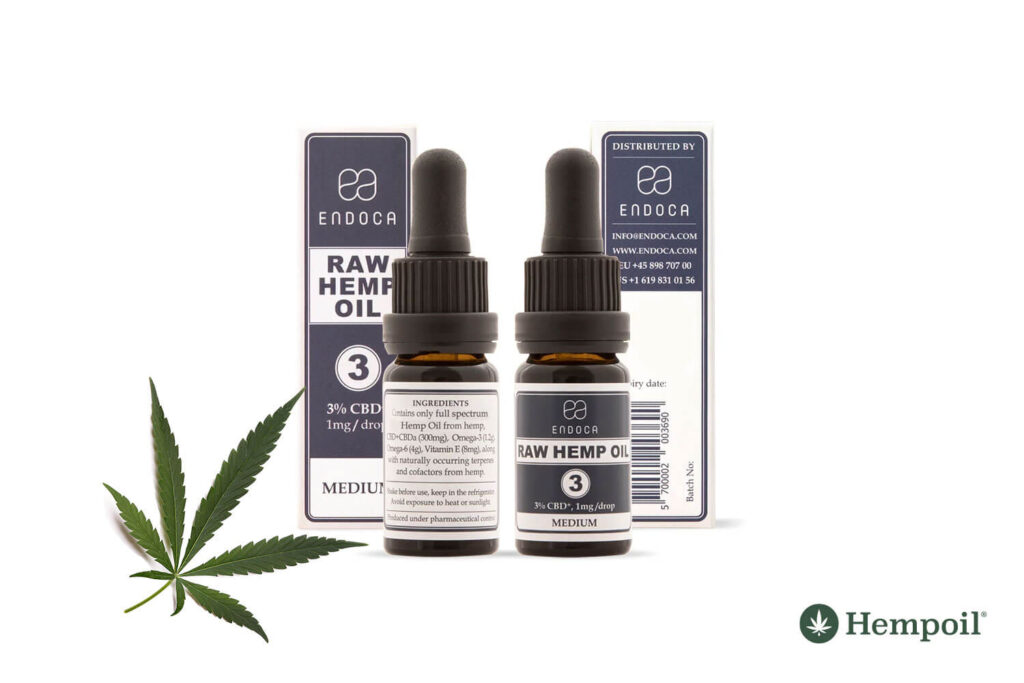Packaging of the Raw cannabidiol oil 3% (300mg) by Endoca.