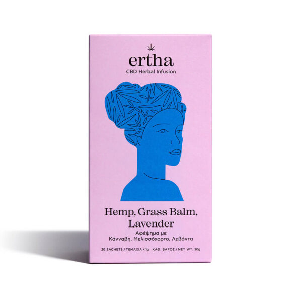 Packaging of Ertha CBD Herbal Infusion with Hemp, Grass Balm and Lavender relaxing decoction.