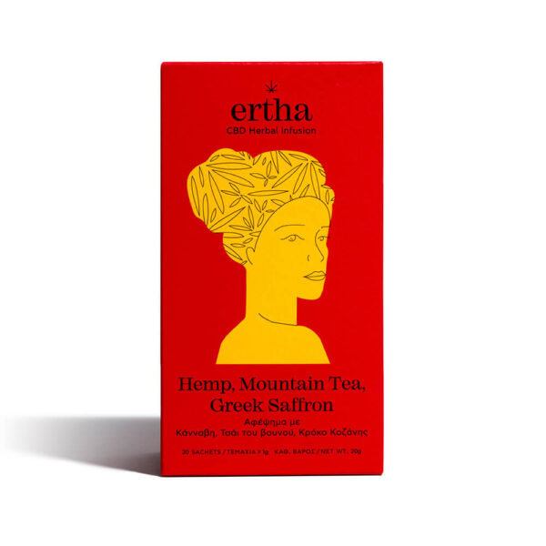 Bio Sustainable packaging of Ertha CBD Herbal Infusion with Hemp, Mountain Tea & Greek Saffron