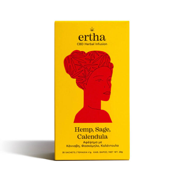 Bio natural CBD Tea Packaging of Ertha CBD Herbal Infusion with hemp, sage and calendula.
