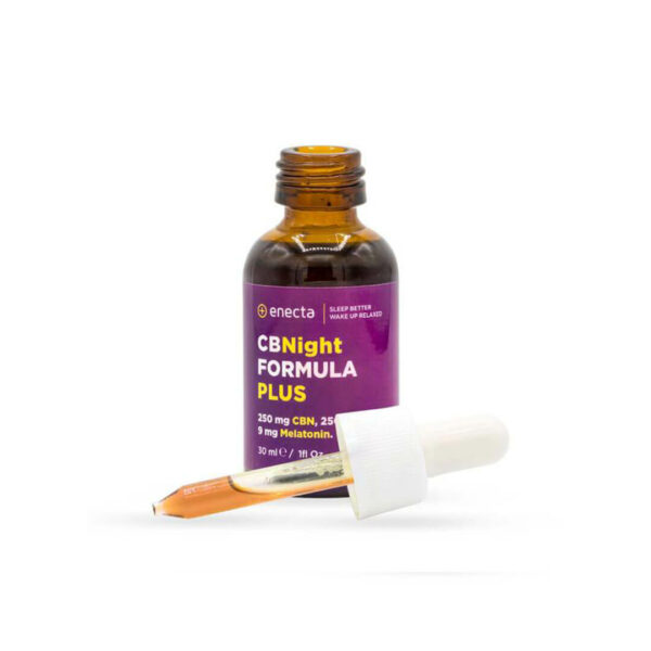 CBNight Formula Plus enecta (CBD, CBN, Melatonin) open bottle with safety cap. Lowest price in Europe, Greece.
