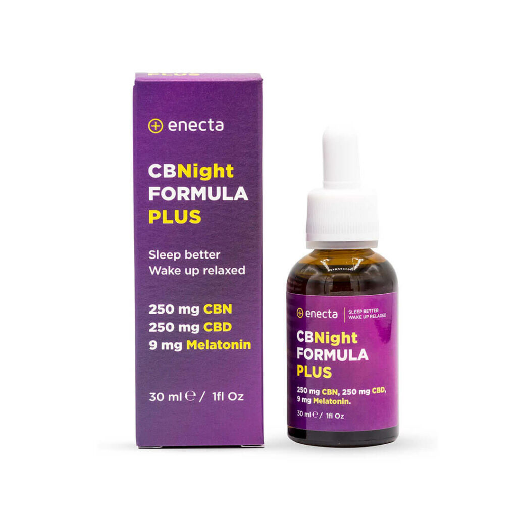 CBNight Formula Plus enecta (CBD, CBN, Melatonin) bottle and dropper. For a relaxed easy sleep without interruptions. 