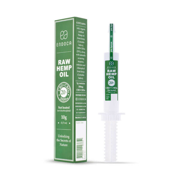 Endoca RAW Hemp Oil Extract Paste 2000mg CBD+CBDa 20% side view with box and tube. Buy Online in Europe.
