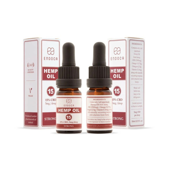 Endoca CBD Oil 15% Hemp Oil Drops 1500mg Cannabidiol (Strong) - 10ml back and front side of bottle and box.