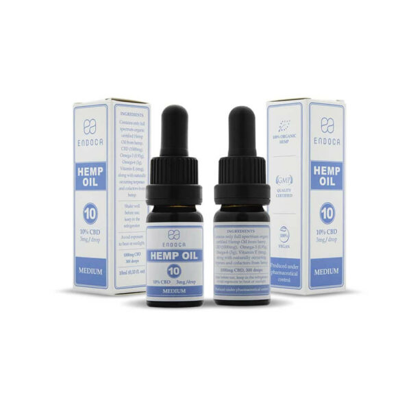 Endoca CBD Oil Σταγόνες Ελαίου Κανναβιδιόλης 1000mg (10%) 10ml συσκευασίες εμπρός. Φαρμακευτική κάνναβη σε λάδι. THC & CBD