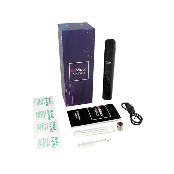 XMAX V3 Pro Vaporizer package contents. Candle chamber / condensate / charging cable / instructions for use / screens